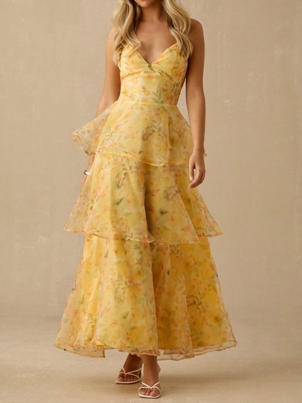 Yellow  Women's Romantic Floral Print Spaghetti Strap Ruffled Hem Maxi Dress